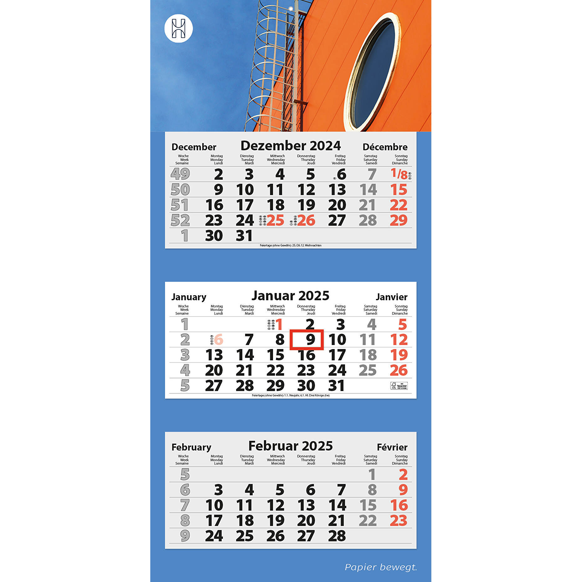 3Monats Faltkalender "TresDeluxe Plus" (Rückwand 320 g/m²