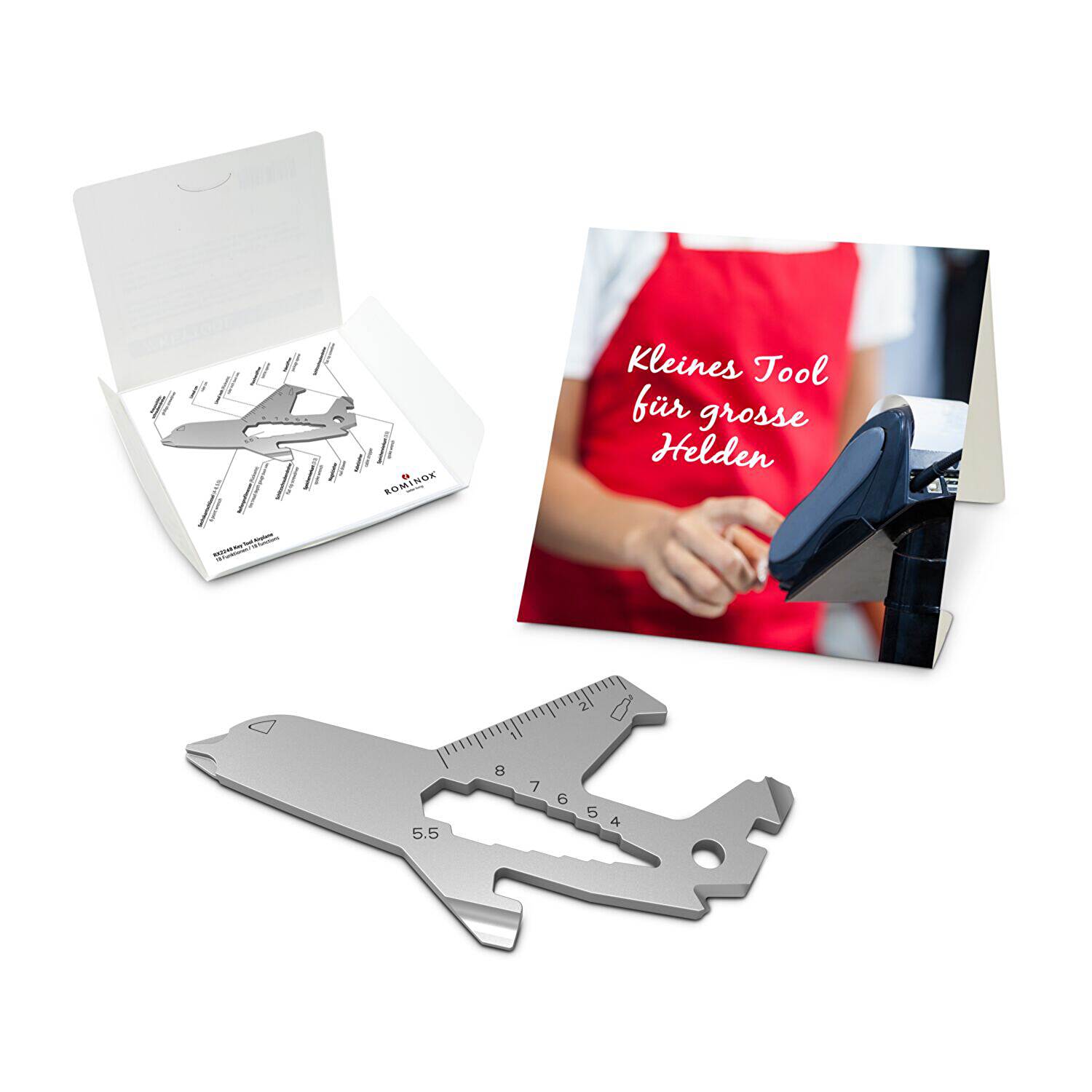 Rominox Key Tool Aeroplano, Multiuso Portachiavi In Acciaio Inox, 18 Funzioni (Chiavi Esagonali, Cacciaviti, Apribottiglie, Righelli), Regalo Per Viaggiatori E Piloti - 3