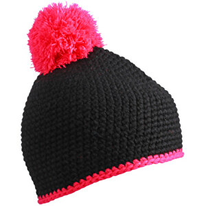 Pompon Hat With Contrast Stripe , Myrtle Beach, schwarz/pink, 100% Polyester, one size, 