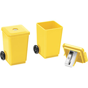 Spitzer 'Mülltonne' , gelb, PS+MET, 4,10cm x 5,70cm x 3,80cm (Länge x Höhe x Breite)