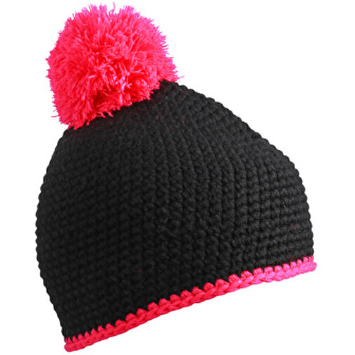 Pompon Hat With Contrast Stripe , Myrtle Beach, schwarz/pink, 100% Polyester, one size, , Bild 1