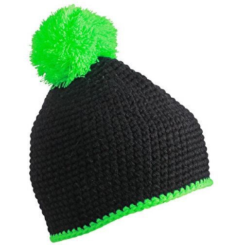Pompon Hat With Contrast Stripe , Myrtle Beach, schwarz/neon-grün, 100% Polyester, one size, , Bild 1