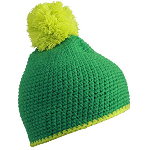 Pompon Hat With Contrast Stripe , Myrtle Beach, grün/acid-gelb, 100% Polyester, one size, , Bild 1