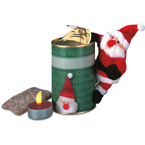 Magnetischer Weihnachtsmann In Der Dose , grün, Papier, Metall, Kerzenwachs, Stoff, Lebkuchen, 11,00cm (Höhe), Bild 1