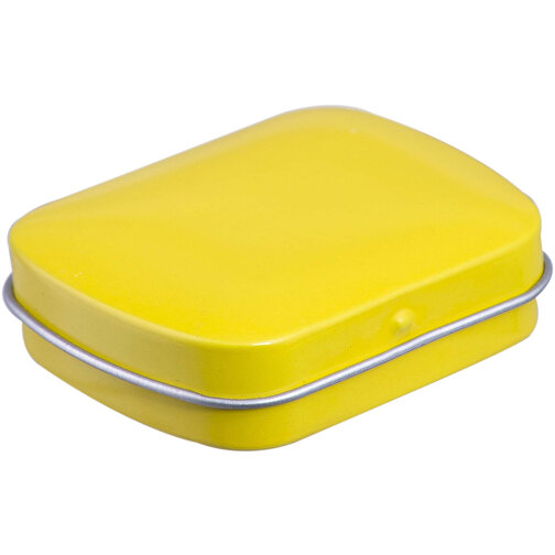 Mini-Klappdeckeldose, Logo Pfefferminz , gelb, Metall, 4,60cm x 1,85cm x 5,90cm (Länge x Höhe x Breite), Bild 1