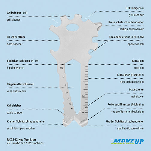 ROMINOX® Key Tool Lion (22 Funktionen) , Edelstahl, 7,00cm x 0,23cm x 3,20cm (Länge x Höhe x Breite), Bild 10