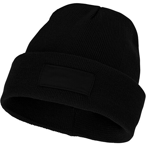 Boreas Mütze Mit Aufnäher , schwarz, 1x1 Rib Strick 100% Acryl, Contrast fabric, Woven 100% Polyester, 23,00cm x 19,00cm (Höhe x Breite), Bild 1