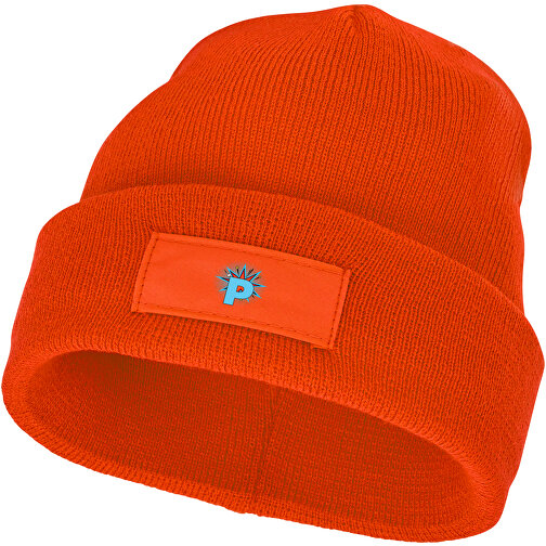 Boreas Mütze Mit Aufnäher , orange, 1x1 Rib Strick 100% Acryl, Contrast fabric, Woven 100% Polyester, 23,00cm x 19,00cm (Höhe x Breite), Bild 2