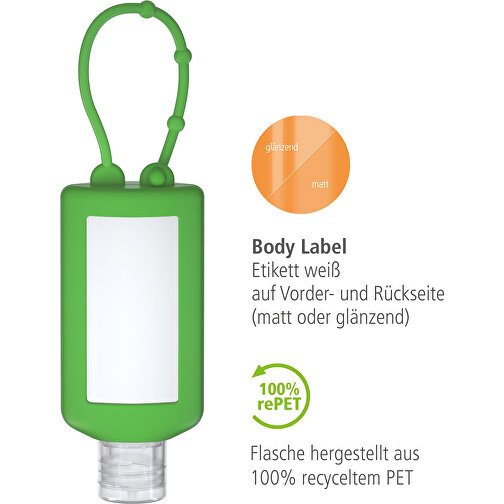 Hände-Desinfektionsgel (DIN EN 1500), 50 Ml Bumper Grün, Body Label (R-PET) , grün, Kunststoff (100% recycelt), Folie, Silikon, 2,20cm x 12,00cm x 4,70cm (Länge x Höhe x Breite), Bild 3