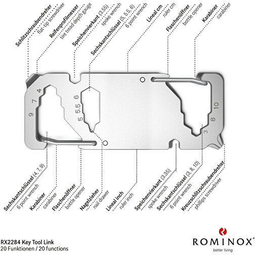 ROMINOX® Key Tool // Link - 20 Funktionen (Karabiner) , Edelstahl, 6,50cm x 0,23cm x 2,50cm (Länge x Höhe x Breite), Bild 8