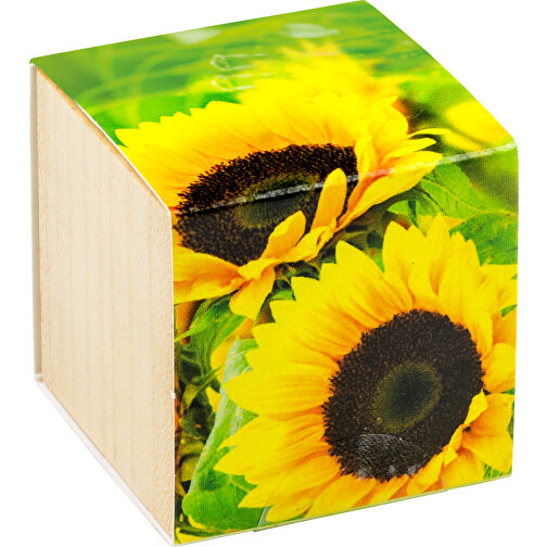 Pflanz-Holz - Standardmotiv - Sonnenblume - 1 Seite Gelasert , Papier, Holz, Erde, Saatgut, 4,00cm x 4,00cm x 4,00cm (Länge x Höhe x Breite), Bild 1