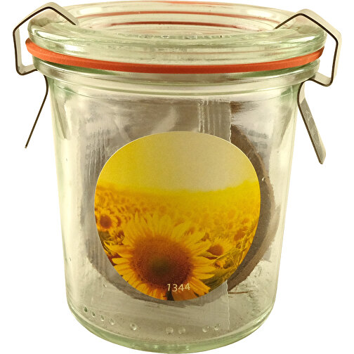 Gläschen Sonne , gelb, Glas, Metall, Gummi,  Kokosfaser,  Samen, Folie, Papier, 7,50cm (Höhe), Bild 1