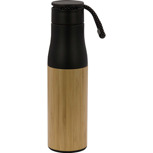 Isolierflasche Bambus Mit Trageschlaufe 500ml , schwarz, Stainless steel, bamboo & PP, 23,00cm (Höhe), Bild 1