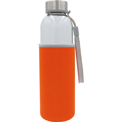 Trinkflasche Aus Glas Mit Neoprenhülle 500ml , transparent orange, Körper: Glas, Deckel: PP, 22,50cm (Höhe), Bild 1