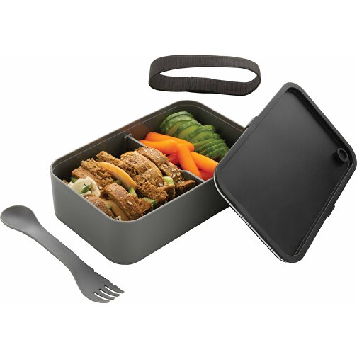 GRS RPP Lunchbox Mit Göffel, Grau , grau, Polypropylen - recycelt, 19,00cm x 5,40cm (Länge x Höhe), Bild 2