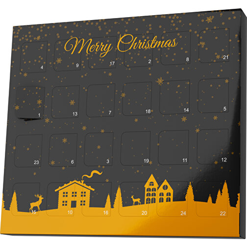 XS Adventskalender Weihnachtsdorf , Brandt, schwarz / kürbisorange, Vollkartonhülle, weiss, 1,60cm x 12,00cm x 14,00cm (Länge x Höhe x Breite), Bild 1