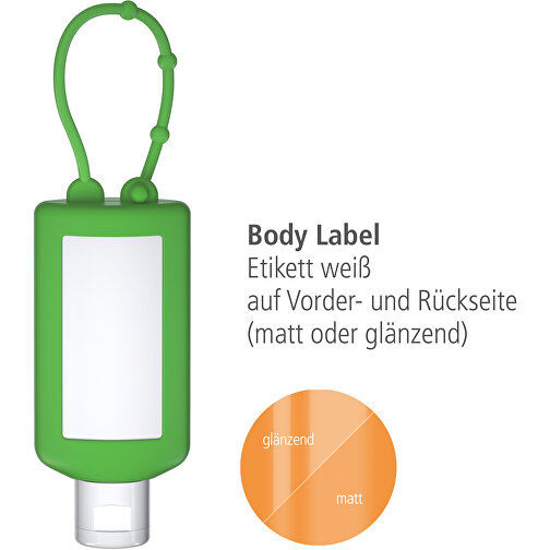 Sonnenmilch LSF 50 (sens.), 50 Ml Bumper (grün), Body Label (R-PET) , grün, Kunststoff (100% recycelt), Folie, Silikon, 2,20cm x 12,00cm x 4,70cm (Länge x Höhe x Breite), Bild 3