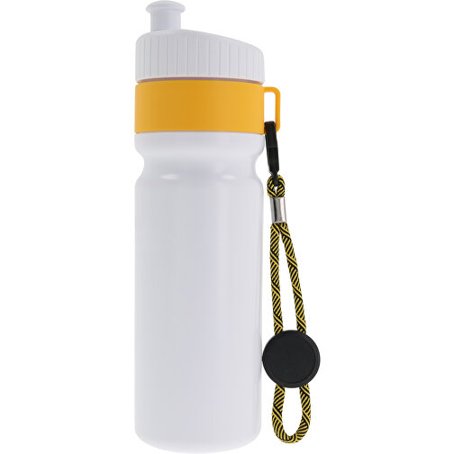 Sportflasche Mit Rand Und Kordel 750ml , weiß / gelb, LDPE & PP, 25,00cm (Höhe), Bild 1