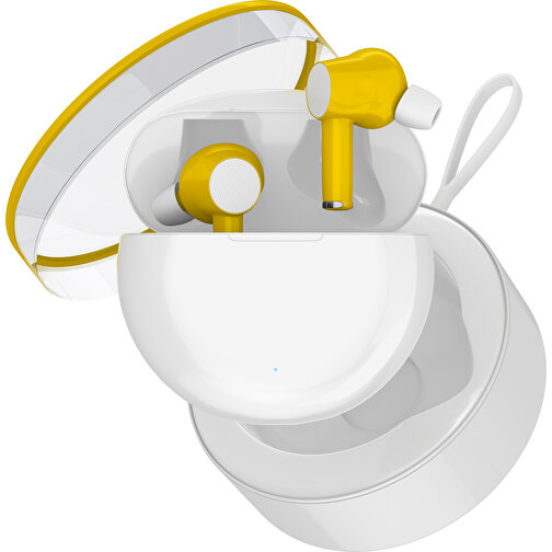True-Wireless In-Ear Kopfhörer Truly , weiß / goldgelb, Kunststoff, 6,00cm x 3,00cm x 6,00cm (Länge x Höhe x Breite), Bild 2