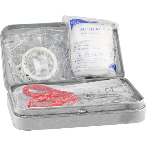 First Aid Box Compact, 27-teilig In Metalldose , grau, Gemischt, 11,80cm x 2,50cm x 7,00cm (Länge x Höhe x Breite), Bild 3