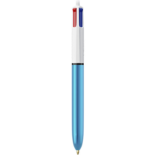 BIC® 4 Colours Shine Kugelschreiber Lasergravur , BiC, weiss/blaumetallic, Kunststoff, 14,40cm x 1,60cm (Länge x Breite), Bild 1