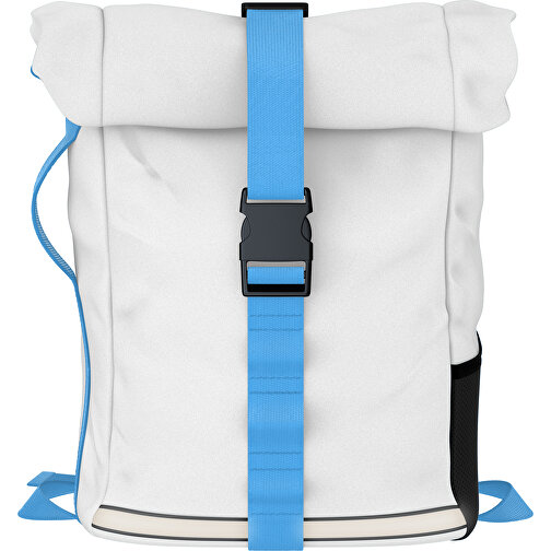 Rolltop Rucksack Comfort , weiß / hellblau, Sublimation-fabric 200g - Polyester (PU), 29,50cm x 13,00cm x 33,00cm (Länge x Höhe x Breite), Bild 1