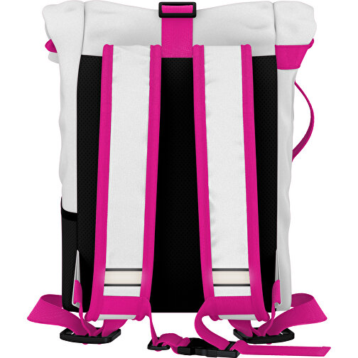 Rolltop Rucksack Comfort , weiß / pink, Sublimation-fabric 200g - Polyester (PU), 29,50cm x 13,00cm x 33,00cm (Länge x Höhe x Breite), Bild 2