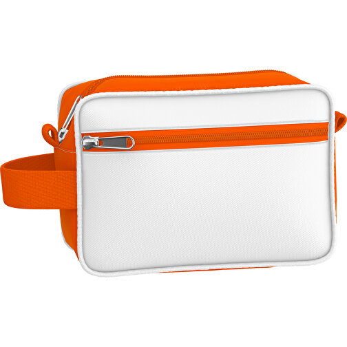 Kosmetiktasche Nova , weiß / orange, Sublimation-fabric 200g - Polyester (PU), 16,00cm x 8,00cm x 23,00cm (Länge x Höhe x Breite), Bild 1