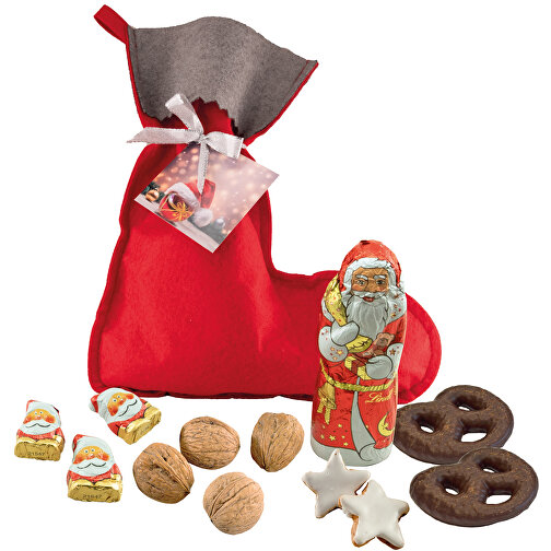 Süßer Nikolausstiefel Mit Weihnachtsmann , Lindt, rot, Filz, Schokolade, Walnüsse, Folie, Stoff, Papier, 23,00cm x 27,00cm x 6,00cm (Länge x Höhe x Breite), Bild 1