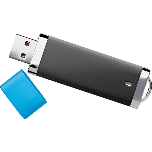 PromoPerfect USB-STICK 2.0 PLASTIK , schwarz / himmelblau MB , 16 GB , Gummiplastik, Kunststoff MB , 7,00cm x 0,70cm x 2,00cm (Länge x Höhe x Breite), Bild 1