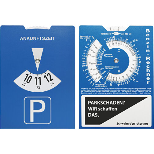Karton-Parkscheibe Mit Benzinrechner , blau, weiß, PAP, 1,50cm x 0,01cm x 1,10cm (Länge x Höhe x Breite), Bild 2