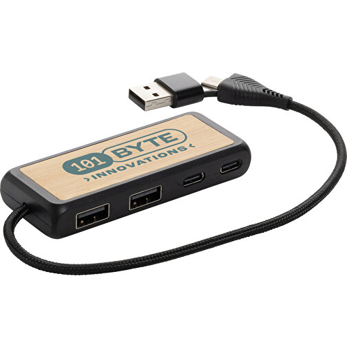 Link Dual Input USB Hub Aus RCS Rec. Kunststoff Und Bambus, Schwarz , schwarz, ABS - recycelt, 10,00cm x 1,30cm x 3,30cm (Länge x Höhe x Breite), Bild 5