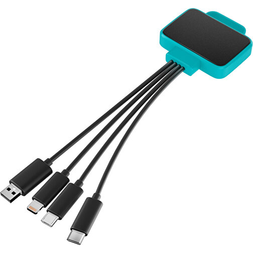 3-in-1 USB-Ladekabel MultiCharge , schwarz / türkis, Kunststoff, 5,30cm x 1,20cm x 5,50cm (Länge x Höhe x Breite), Bild 1