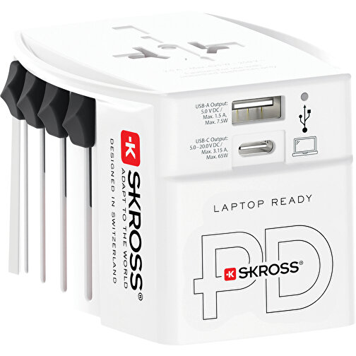 SKROSS World Travel Adapter MUV 65W PD Mit USB-C-Kabel, Weiß , weiß, PC, 6,30cm x 7,90cm x 5,40cm (Länge x Höhe x Breite), Bild 1