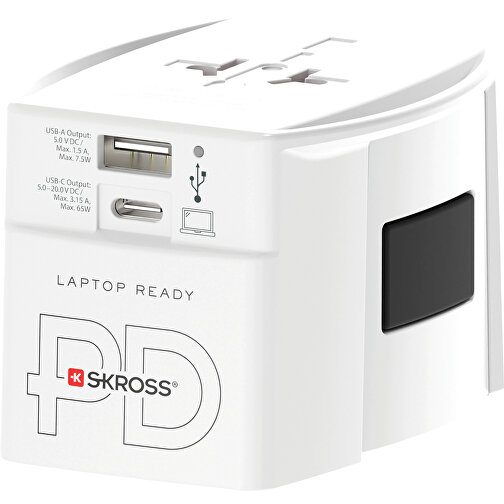 SKROSS World Travel Adapter MUV 65W PD Mit USB-C-Kabel, Weiß , weiß, PC, 6,30cm x 7,90cm x 5,40cm (Länge x Höhe x Breite), Bild 2