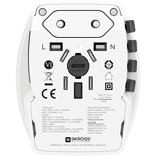 SKROSS World Travel Adapter MUV 65W PD Mit USB-C-Kabel, Weiß , weiß, PC, 6,30cm x 7,90cm x 5,40cm (Länge x Höhe x Breite), Bild 4